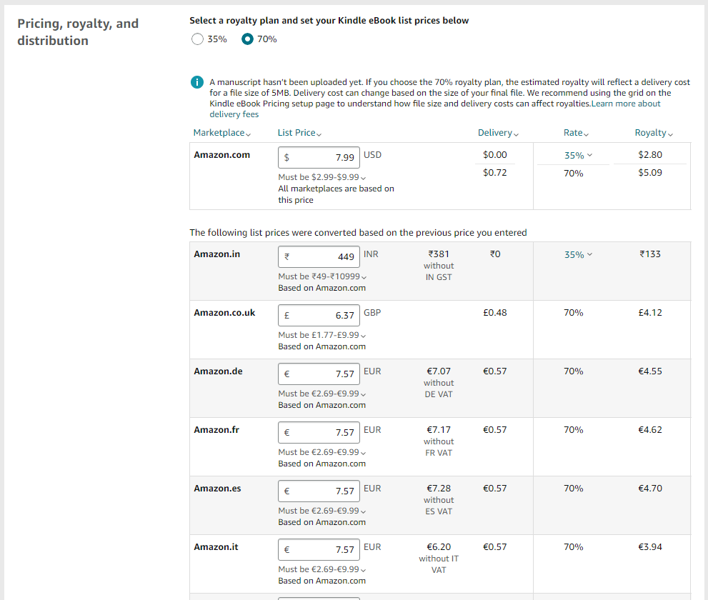 publish on kindle pricing