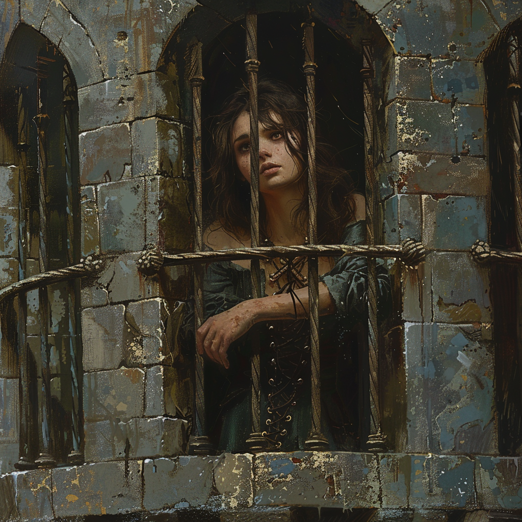 fantasy art of a woman peering out the barred window of a high tower