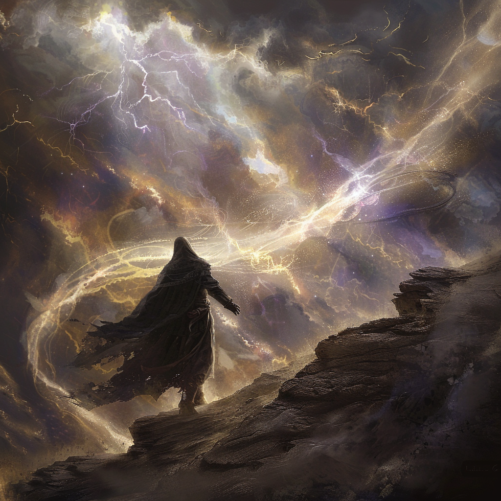 fantasy art showing a character being beckoned up a mountain to the heavens by guiding light