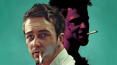 Edward Norton and Brad Pitt with cigarettes in their mouths for the cover of Fight Club