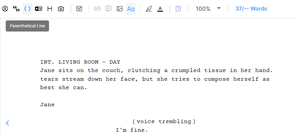 A section of a screenplay on LivingWriter showing the use of description and parentheticals to set a scene
