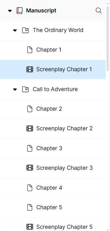 Manuscript navigation with the original chapter and the screenplay chapter beneath