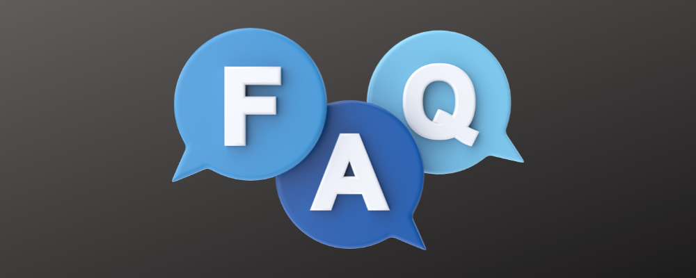 The letters "faq" in white, inside of a blue speech bubble on an off white background