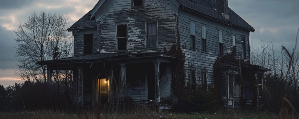 a creepy, old, rundown farm house