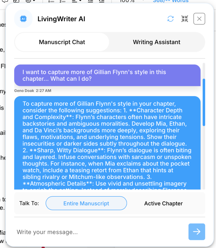 A message thread between a LivingWriter user and the manuscript chat AI features