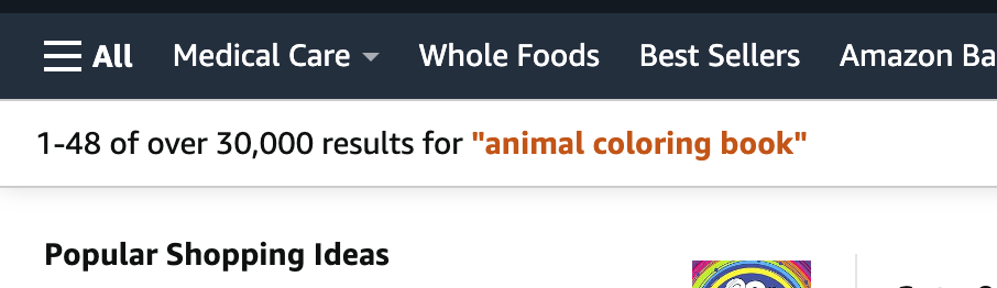 the number of search results for "animal coloring books"