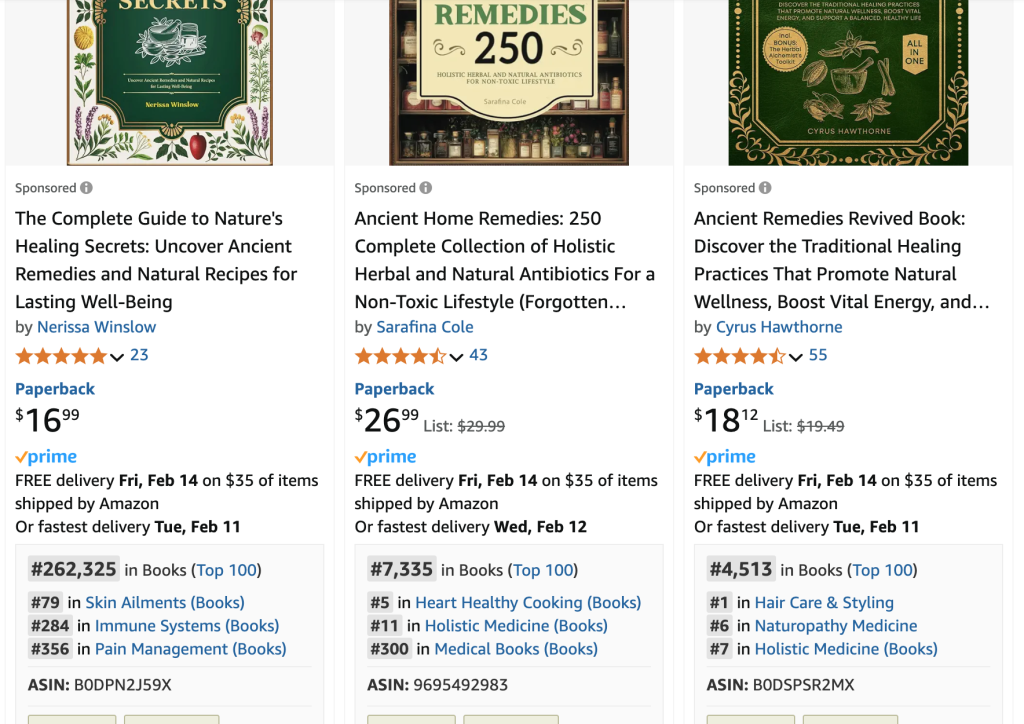 Three books with good sales for the search "ancient herbal remedies" books on Amazon