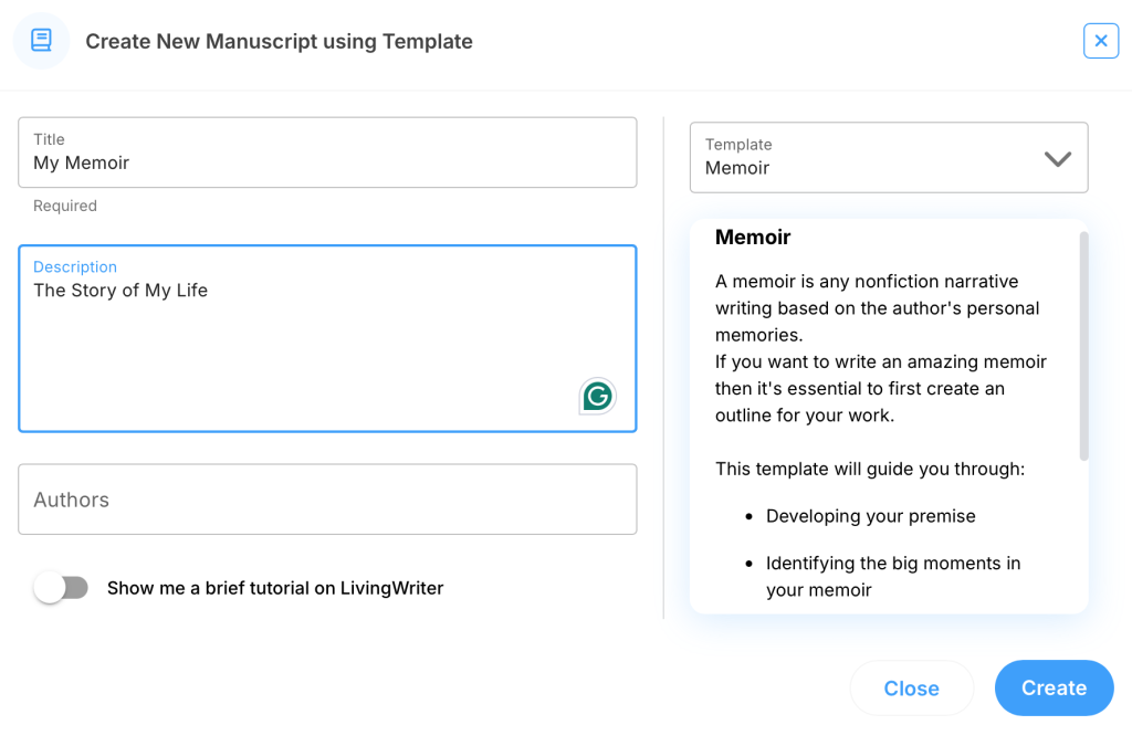 LivingWriter Memoir Outline Template