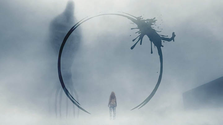 A silhouetted person walking into thick fog where an alien can be seen in the distance