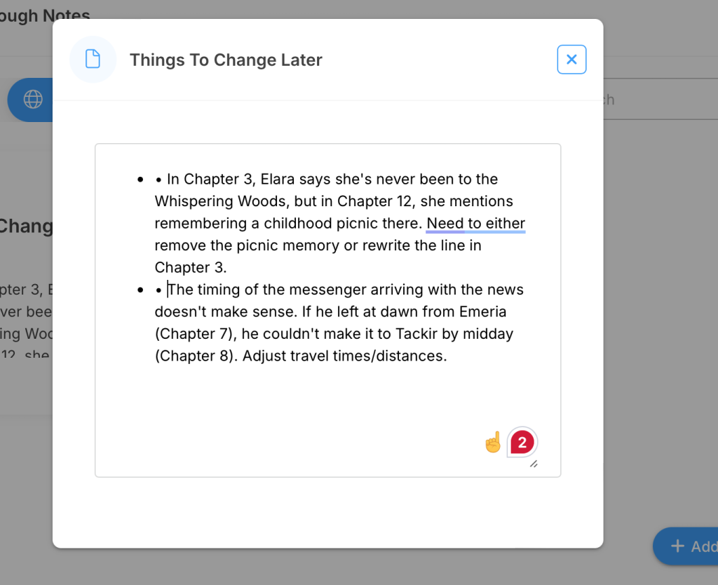 A "things to change later" folder in LivingWriter Global Notes