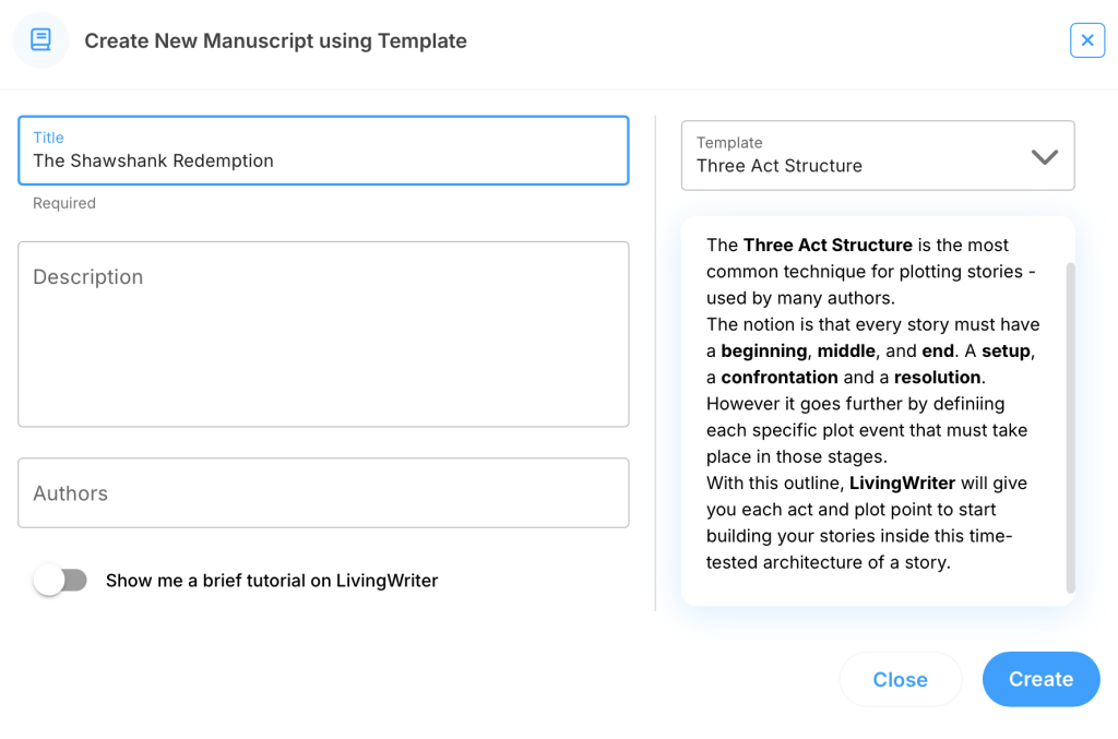 A description of the Three Act Structure template on LivingWriter