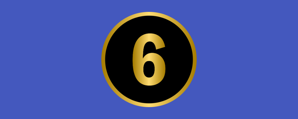 a gold number 6 in a black circle on a blue background