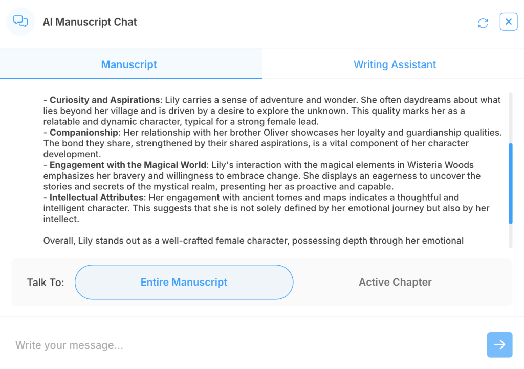 LivingWriter manuscript chat analyzing the female characters in a story