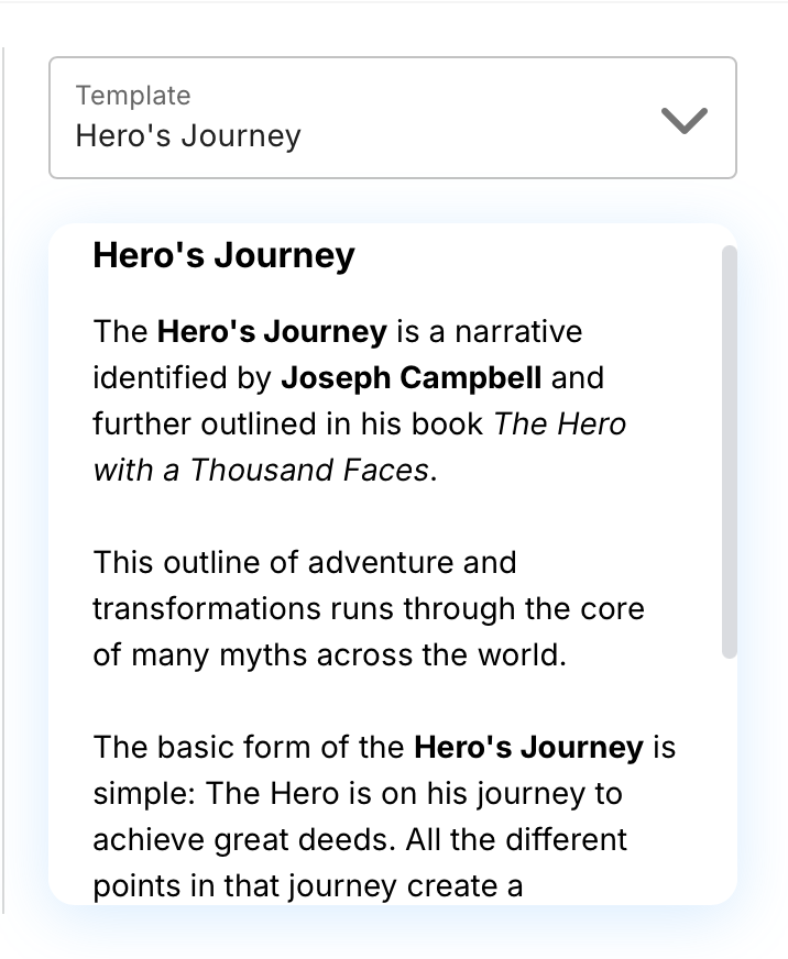 A description of the Hero's Journey template on LivingWriter