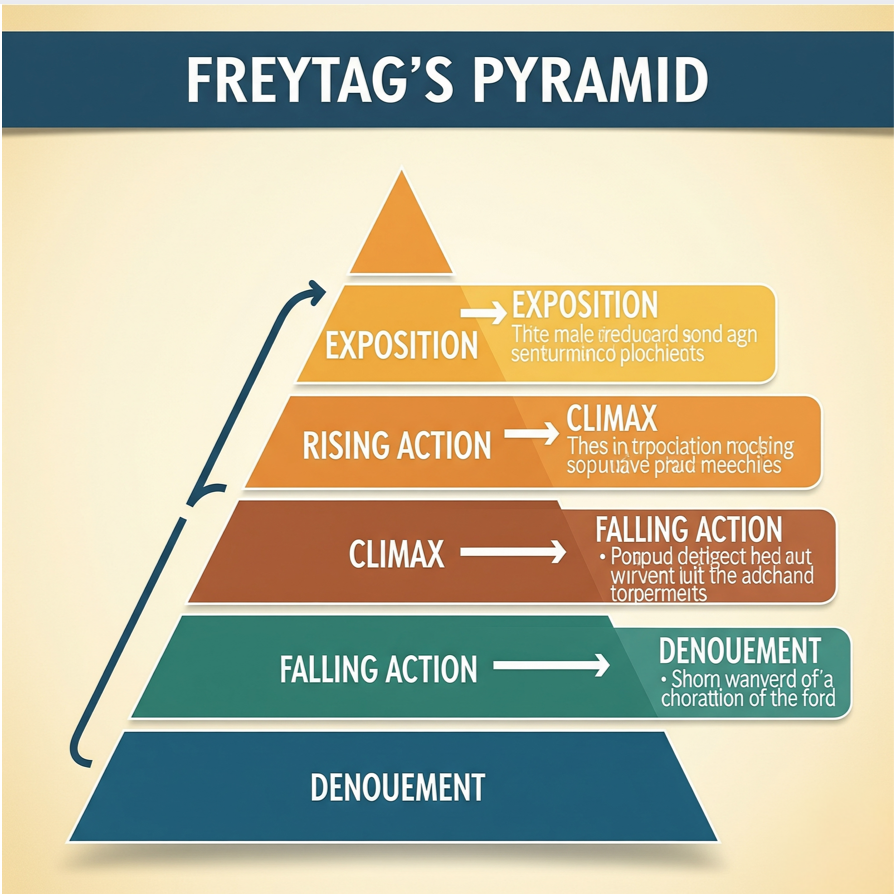 An pyramid showing the different steps of the "Freytag's Pyramid" story structure