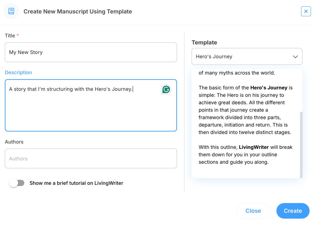 Using the hero's journey structure on LivingWriter