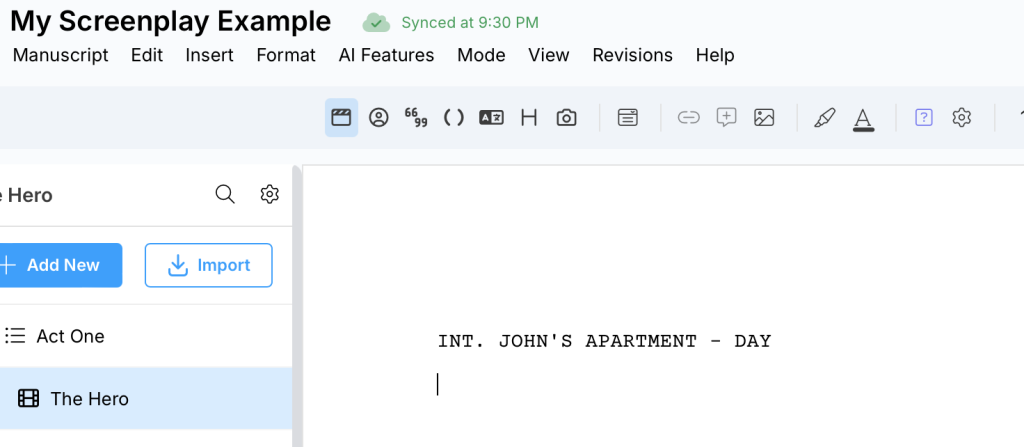 Slugline example on LivingWriter